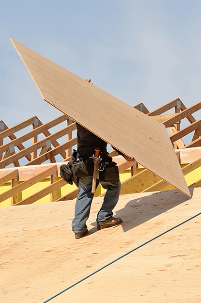 Man on roof holding a sheet of wood